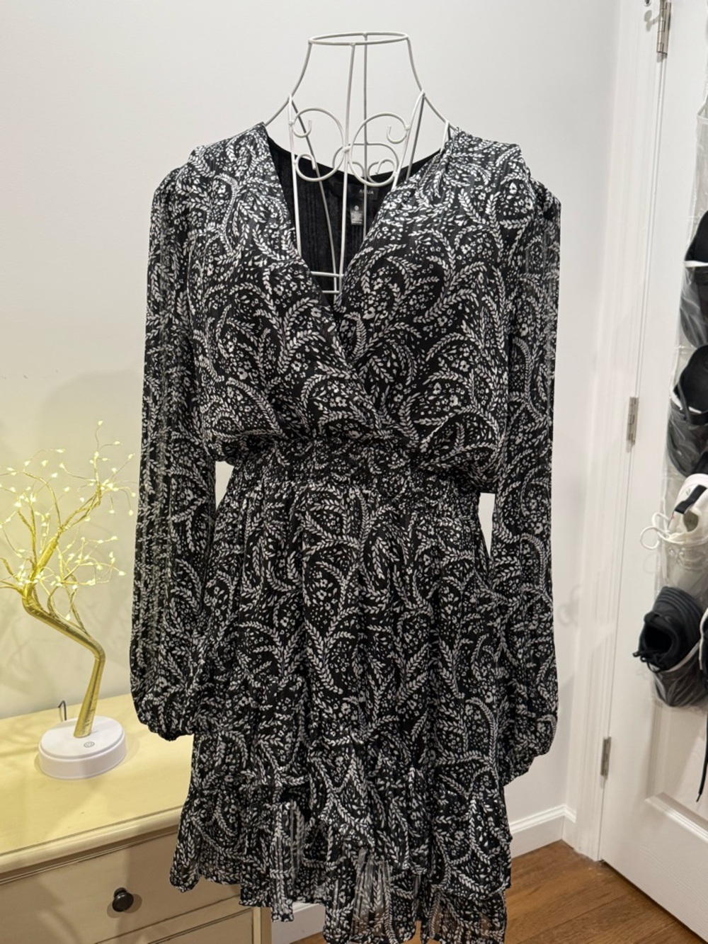 Aqua Black and White Paisley-Print Long Sleeve Wrap Dress